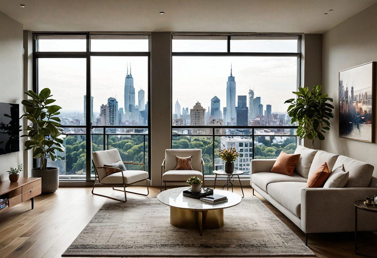 A stylish, modern apartment with large windows showcasing a panoramic city view, chic interior design featuring cozy furniture and trendy decor, and a touch of greenery. Warm, ambient lighting creates a welcoming atmosphere. super-realistic. vibrant colors.