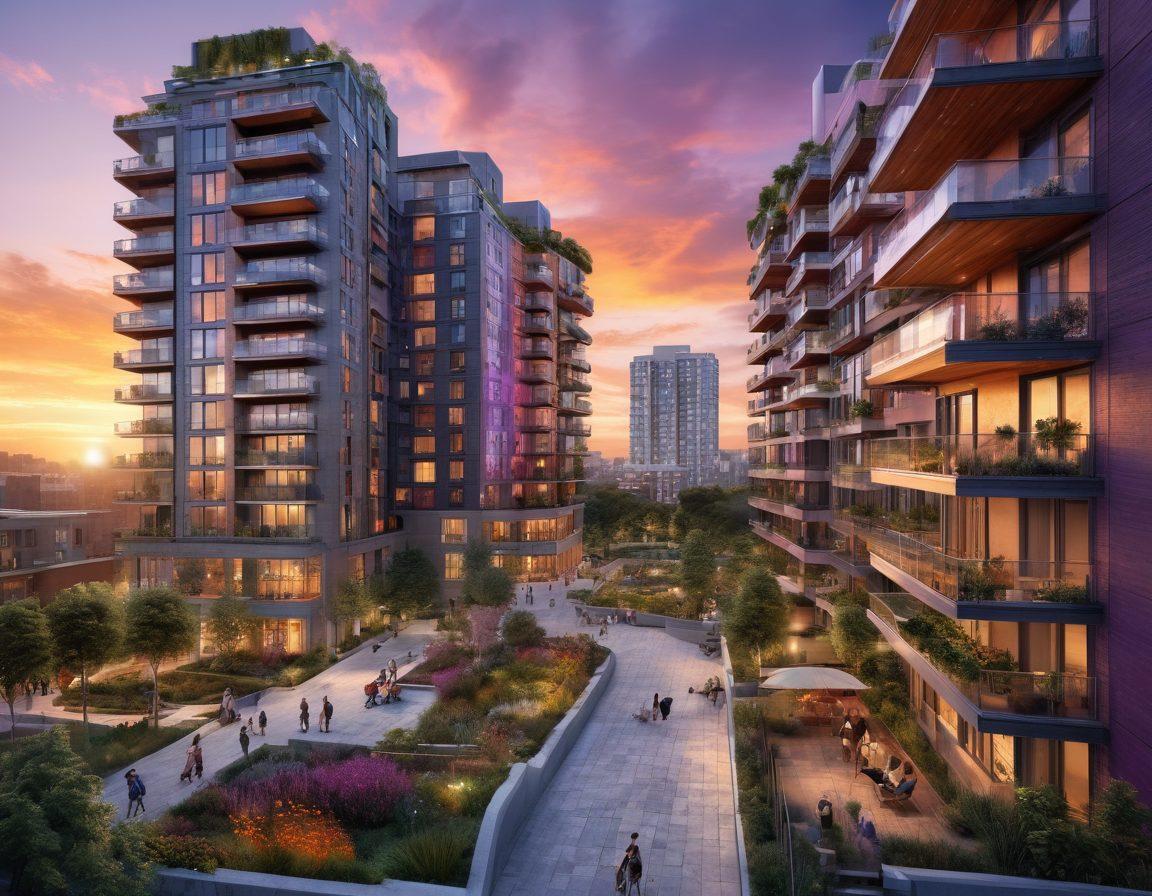 A modern cityscape showcasing a range of stylish high-rise apartments, each highlighted with distinct features like green rooftops, balconies, and large windows. Diverse individuals and families are seen enjoying activities around the complex. The backdrop includes a beautiful sunset, with warm and cool tones creating a dreamy atmosphere. Super-realistic. Vibrant colors.