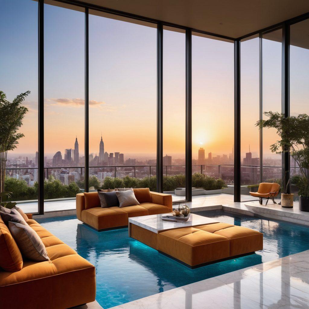 A stunning modern apartment with floor-to-ceiling windows showcasing a city skyline at golden hour. Elegant interior featuring glossy marble floors, chic furniture, and high-tech amenities like a smart home system. A cozy lounge area with plush seating and a rooftop garden with a pool and terrace. super-realistic. vibrant colors.